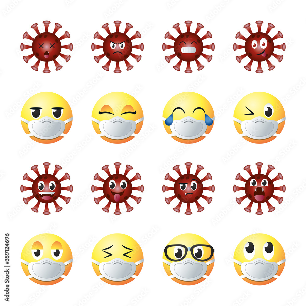 Poster emojis with masks gradient style icon set vector design