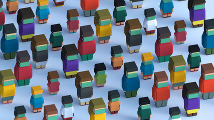 Diverse of people at social distancing with masks 3d voxel illustration