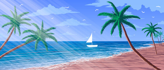 Palm trees in sun rays and white yacht on blue ocean shore 