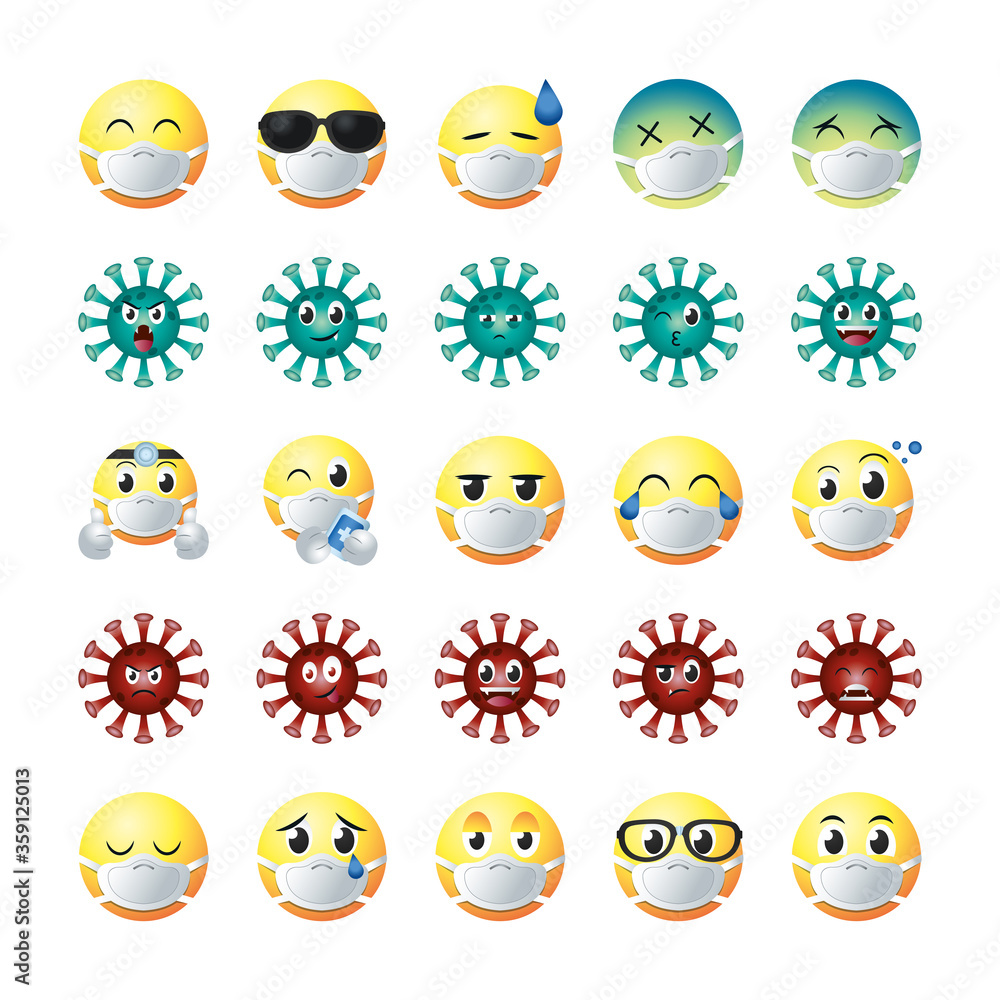Poster emojis with masks gradient style icon set vector design