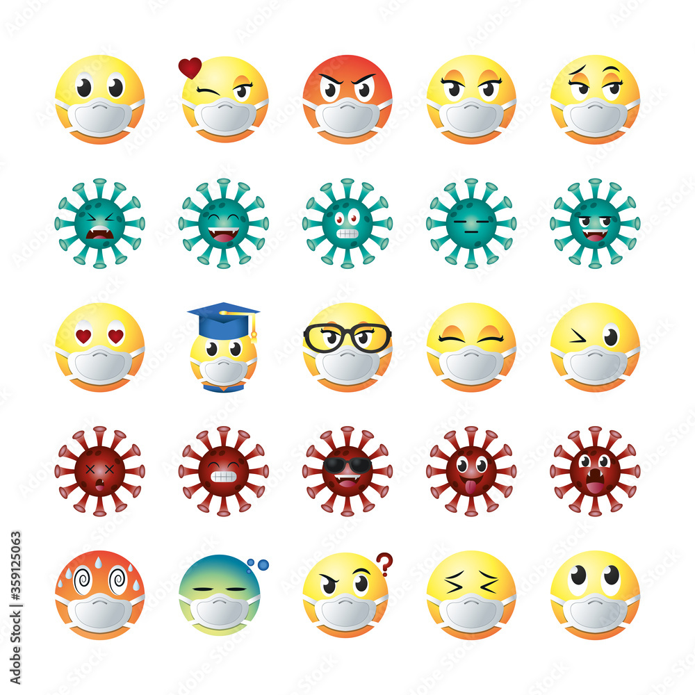 Poster emojis with masks gradient style icon set vector design