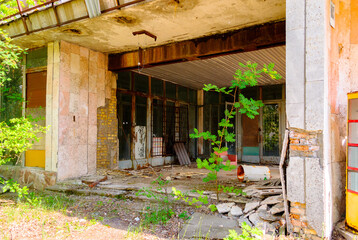 Porch of the Abandoned house in Pripyat, a ghost town in northern Ukraine, evacuated the day after the Chernobyl disaster on April 26, 1986