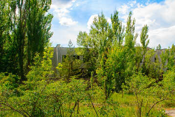 Abandoned building surrounded  by green trees in Pripyat, a ghost town in northern Ukraine, evacuated the day after the Chernobyl disaster on April 26, 1986