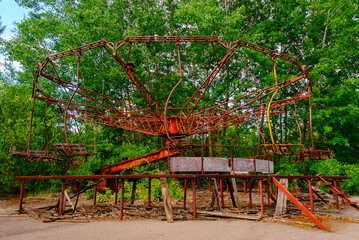 Damaged carousel in the former amusement park in Pripyat, a ghost town in northern Ukraine, evacuated the day after the Chernobyl disaster on April 26, 1986