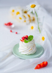 Appetizing cream meringue cake in a breakfast plate