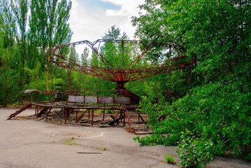 Damaged carousel in the former amusement park in Pripyat, a ghost town in northern Ukraine, evacuated the day after the Chernobyl disaster on April 26, 1986