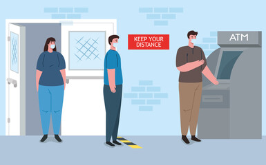 Obraz premium social distancing and coronavirus covid 19 prevention, maintain a safe distance from others when using atm vector illustration design