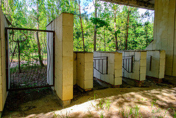 Entrance to the former sports stadium in Pripyat, a ghost town in northern Ukraine, evacuated the day after the Chernobyl disaster on April 26, 1986