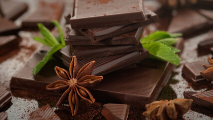 chocolate. dark chocolate bar stack and cocoa powder with mint leaf. Confectionery, confection concept