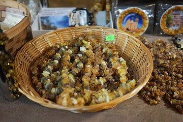 Amber decorations on the shop window