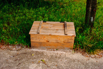 Wooden box in Pripyat, a ghost town in northern Ukraine, evacuated the day after the Chernobyl...