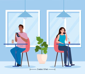 social distance in new concept restaurant , couple eating on tables, protection, prevention of coronavirus covid 19 vector illustration design