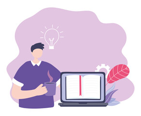 online training, guy with laptop homepage and coffee cup, education and courses learning digital