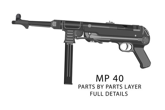 MP40 machine pistol | WW2 weapons. Full details world war 2 MP40 machine pistol vector has arranged in parts by parts with layered names. This can help you to animated like magazine reloading etc.
