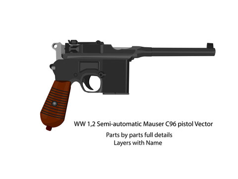 WW1 and  WW2  semi-automatic mauser pistol vector | WW2 pistols. Parts by parts with layers name. Best for animation such as firing, reloading etc.