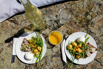 Two plates with midsummer delicacies like potato salad, herring and dark bread.