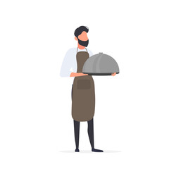 The cook holds a metal dish with a lid. Waiter with spacing. Isolated. Vector.