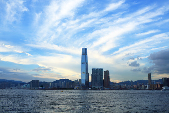 Wonderful City Landscape Of Victoria Harbour In Hong Kong With Glows , International Commerce Centre