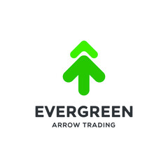 arrow trading with pine tree evergreen, fir, hemlock, spruce, conifer, cedar, coniferous, cypress, larch, pinus trees logo design