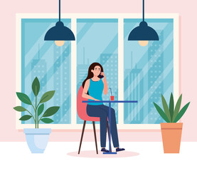 social distance in new concept restaurant, woman eating on table, protection, prevention of coronavirus covid 19 vector illustration design