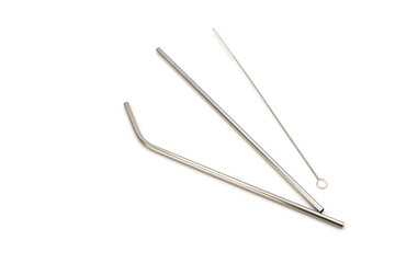 Straight and Curve Stainless straw with cleaning brush on the white background.