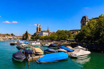 Fototapeta na wymiar Architecture on the Limmat river of Zurich, the largest city in Switzerland