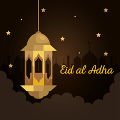 eid al adha mubarak, happy sacrifice feast, with golden lantern hanging decoration vector illustration design