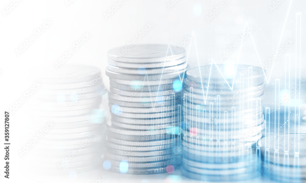 Poster 3d rendering of stock candle charts with bokeh lights overlay of stack of coins. for business financ