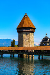 Wasserturm (water tower) of the Kapellbrucke (Chapel Bridge) Lucerne, a city in the German-speaking...