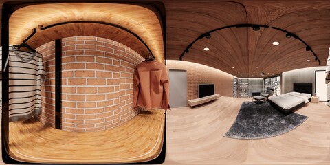 Obraz na płótnie Canvas 3d illustration spherical 360 vr degrees, a seamless panorama of the room and apartment . interior design 3D rendering.reception in a modern panoramic house.