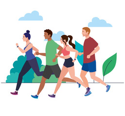 people running in landscape, group persons in sportswear jogging, people athlete, sporty persons vector illustration design