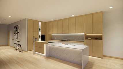 3d rendering. Interior house modern open living space with modern minimal  style  apartment residence.Home decoration  interior design idea.Bedroom wood material.