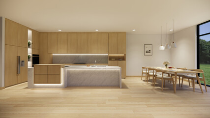 3d rendering. Interior house modern open living space with modern minimal  style  apartment residence.Home decoration  interior design idea.Bedroom wood material.
