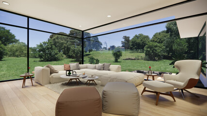 3d rendering. Interior house modern open living space with modern minimal  style  apartment residence.Home decoration  interior design idea.Bedroom wood material.