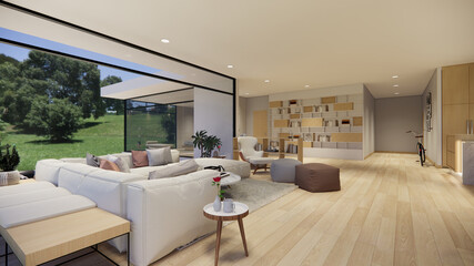 3d rendering. Interior house modern open living space with modern minimal  style  apartment residence.Home decoration  interior design idea.Bedroom wood material.