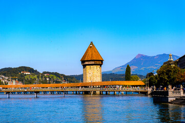 Wasserturm (water tower) of the Kapellbrucke (Chapel Bridge) Lucerne, a city in the German-speaking...
