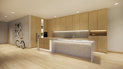 3d rendering. Interior house modern open living space with modern minimal  style  apartment residence.Home decoration  interior design idea.Bedroom wood material.
