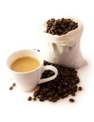 bag of coffee beans with cup of fresh coffee
