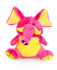 Plush pink and yellow elephant toy for little kids isolated on the white background with shadow reflection. Front view of soft pink animal toy for small kids for playing. Stuffed pink elephant