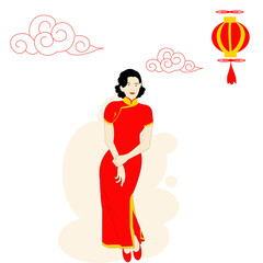 One Beautiful Chinese girl is wearing the Red Chinese custom Is standing in front of the Chinese style pattern 