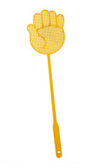 Flyswatter isolated on white background. Plastic fly flapper on white bg. Palm-shaped swatter.