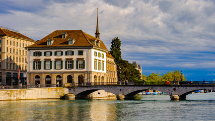 Architecture of Zurich, Switzerland, over the river Lammat