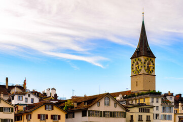 Fototapeta na wymiar St. Peter church clock tower, Switzerland