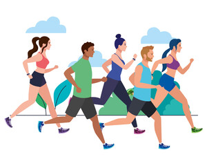 Fototapeta na wymiar people running in landscape, group persons in sportswear jogging, people athlete, sporty persons vector illustration design