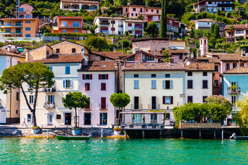 Obraz premium Morcote, a municipality in the Swiss canton of Ticino, Lake Lugano..Famous by small alleys, the arcades of old Patrician homes, valuable architectural monuments
