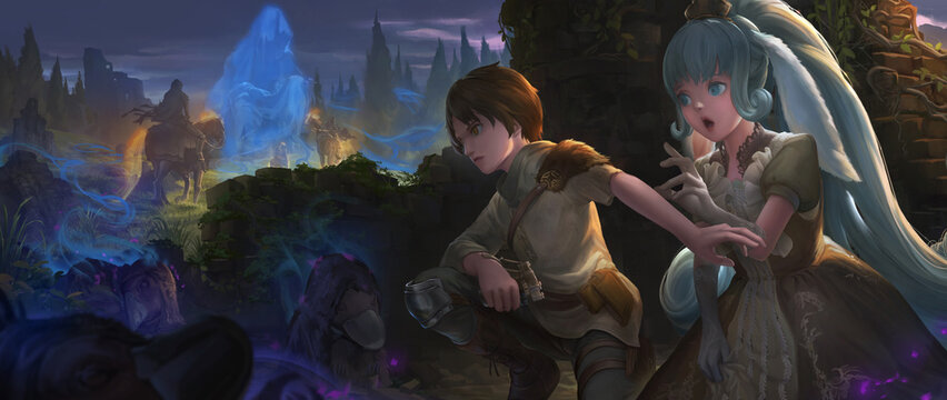 A fantasy scenery illustration of the boy and girl hiding from the dark nightmare rider.