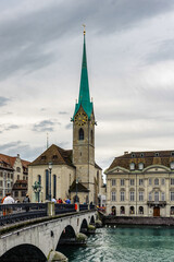 Imperial Abbey of Fraumunster (Reichskloster Fraumunster), Limmat river, Zurich, Switzerland
