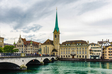 Imperial Abbey of Fraumunster (Reichskloster Fraumunster), Limmat river, Zurich, Switzerland