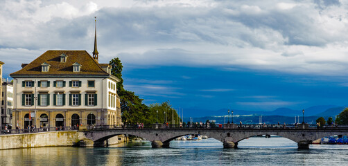 Architecture of Zurich, Switzerland, over the river Lammat
