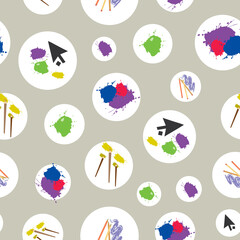 Vector Gray with Paint, Pencils and Digital Arrows seamless pattern background from Create Art Collection. Geometric modern repeat pattern tile featuring art media good for stationery and packaging.